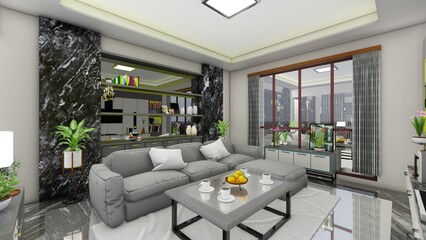 Fototapeta na wymiar Modern living room in gray with panels on the wall with gray sofa and tv backdrop. 3d renders