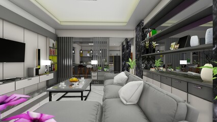 Modern living room in gray with panels on the wall with gray sofa and tv backdrop. 3d renders