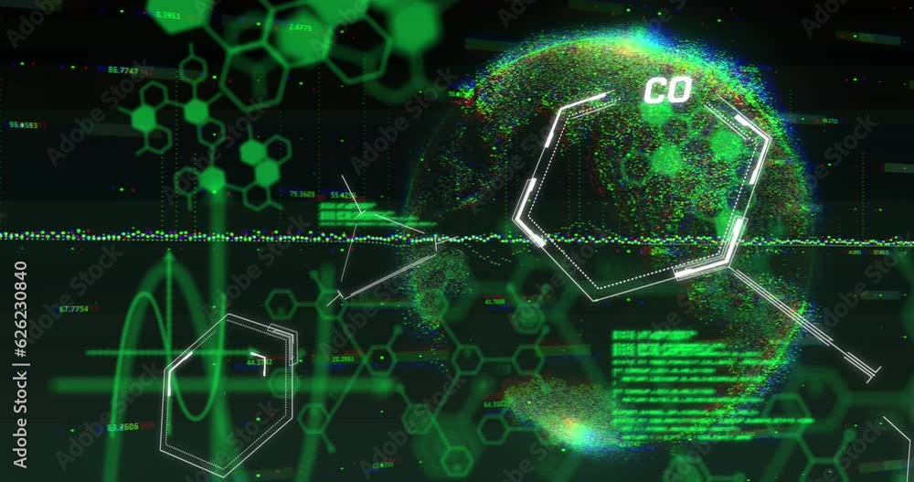 Aufkleber animation of chemical structures, spinning globe and data processing against black background