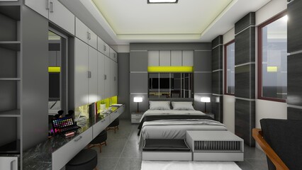 3D rendering modern bedroom suite in hotel with TV and work desk