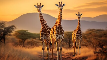 a group of giraffes in a field - obrazy, fototapety, plakaty