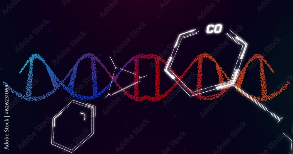 Poster animation of dna, chemical structures and data processing against purple gradient background