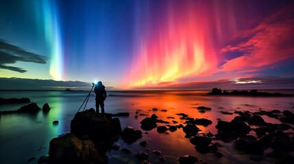 a person standing on a rocky beach