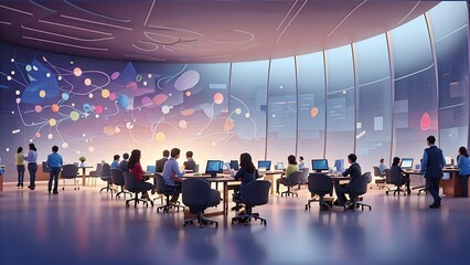 Presentation in Multi-Ethnic Office Conference Room. Meeting of Young Entrepreneurs, Specialists,
Talking, Using computer for info graphics.