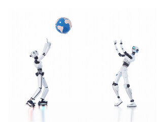 Robots playing with globe. New technology concept. Humans VS AI idea 3D rendering illustration 