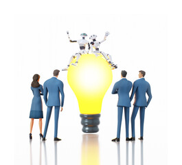 Robots sitting on  top of big light bulb. Robots VS humans. 3D rendering illustration  