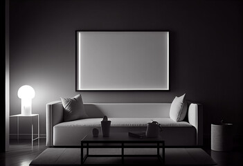 illustration of stylish modern black and gray living room with cozy sofa and empty frame on wall.
