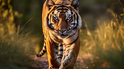 Zelfklevend Fotobehang a tiger walking in the grass © KWY