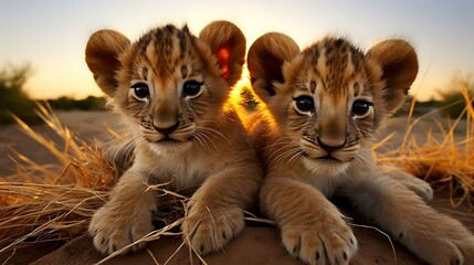 Obraz premium a couple of kittens lying on a log