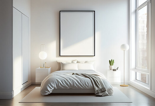 illustration of stylish modern white bedroom with cozy bed and empty frame on wall.