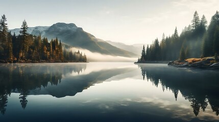 a lake surrounded by trees and mountains