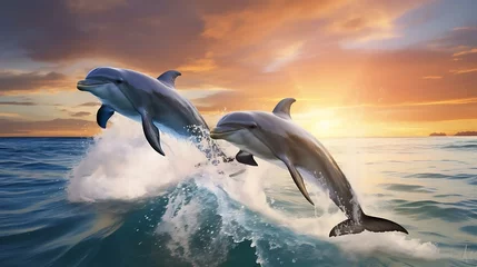 Foto op Plexiglas a group of dolphins jumping out of the water © KWY
