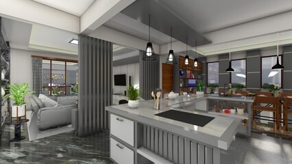 Dark cooking interior with bar chairs and countertop on grey concrete floor, sink with kitchenware, front view. Modern kitchen with window on countryside, 3D rendering