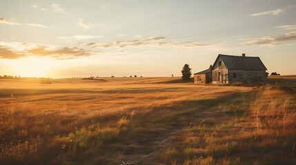 a house in a field - obrazy, fototapety, plakaty