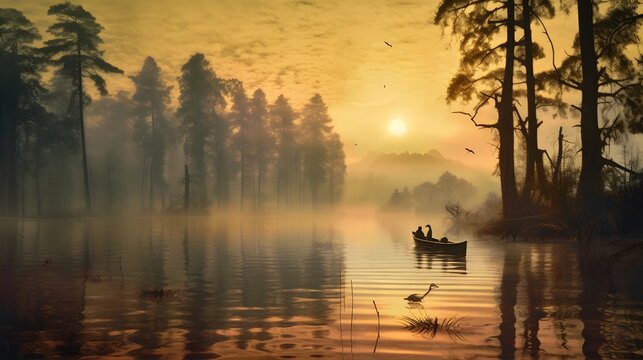Get lost in the beauty of nature with this serene image capturing a tranquil lake at sunrise, shrouded in mist and surrounded by towering trees. Generative ai. © ckybe