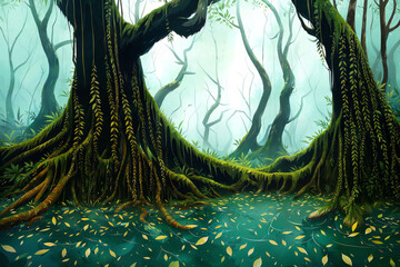 illustration digital painting of deep and dark rain forest, generative AI