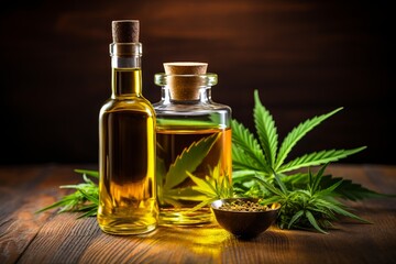 Obraz na płótnie Canvas Bottle of cannabis oil next to a marijuana leaf