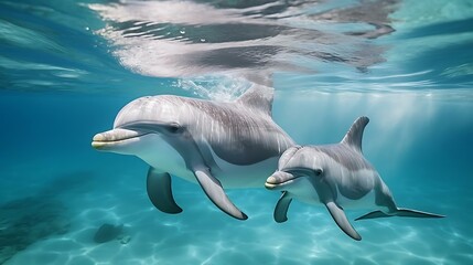 dolphins swimming in the water - obrazy, fototapety, plakaty