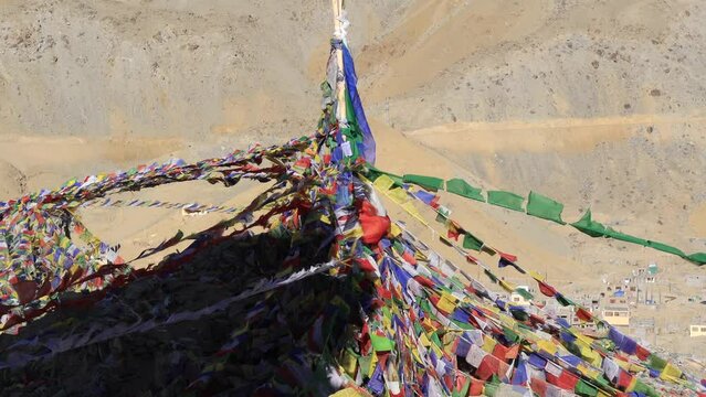 Prayer flags and late afternoon sun over Leh city, Ladakh, India