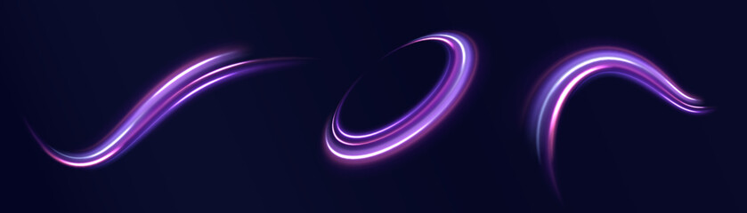 Colored shiny sparks of spiral wave. Curved bright speed line swirls. Shiny wavy path. Rotating dynamic neon circle. Magic golden swirl with highlights. Glowing swirl bokeh effect. vector