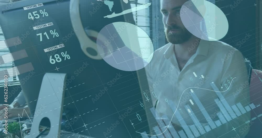 Poster animation of statistical data processing against caucasian man using computer at office