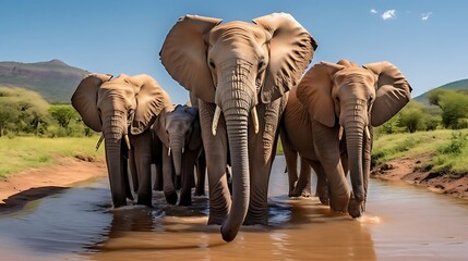 a group of elephants walking in a river