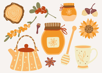 Honey, tea pot, cup, sunflower and berries. Autumn mood clipart. Set of vector illustrations.
