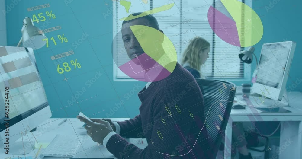 Poster animation of statistical data processing against african american man using smartphone at office
