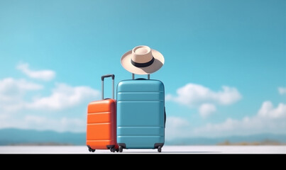 Fototapeta na wymiar trip blue journey vacation business background suitcase hat holiday baggage travel. Generative AI.