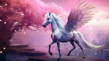 Obraz na płótnie Canvas a white horse with wings and a unicorn head