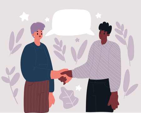 Vector illustration of Businessman and woman shake hands. Friend welcome, introduction, greet or thanks gesture, product advertisement, partnership approval, arm, bargain on deal concept