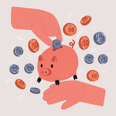 Vector illustration of Close up, hand putting coins into the piggy bank. Making savings. Financial planning concept.