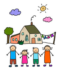 Obraz na płótnie Canvas Children Drawing Happy Family With House In Sunny Day Isolated In White Background
