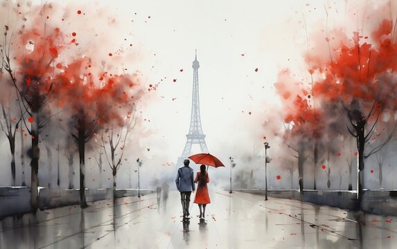 A Romantic Couple Walking Under the Eiffel Tower on a Rainy Day with a Red Umbrella. Generative AI