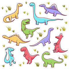 Cute cartoon dinosaurs set. Illustration on transparent background