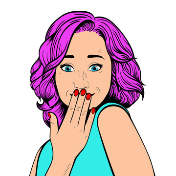 Surprised woman with pink hair.Comic woman. Pop Art vintage Illustration on transparent background