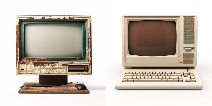 Close up of old computer monitor isolated on white background. Retro wave old personal computer PC. Nostalgia concept.