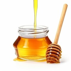 Honey in jar and and wooden stick isolated on white background