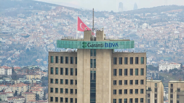 Istanbul, Turkey - March 2023: Headquarters building of Garanti BBVA Bank, based in Istanbul, offers a wide range of digital banking services, a leading force in the Turkish banking industry.