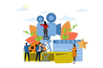 cinematography concept, online cinema, little man and woman shooting video vector, live streaming, recording video for filming, video clipping, vector illustration on a white background.