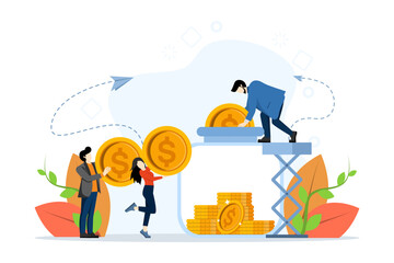 concept of saving money, Money Saving. Cash protection, Saving and investing money, people stacking dollar coins in money box, flat vector illustration on a white background.