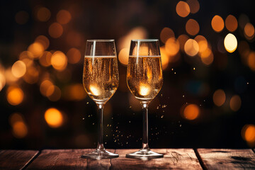 Two champagne glasses with bokeh lights