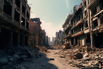 destroyed and bombed city which was left devastated during war, post apocalyptic cityscape made with generative AI