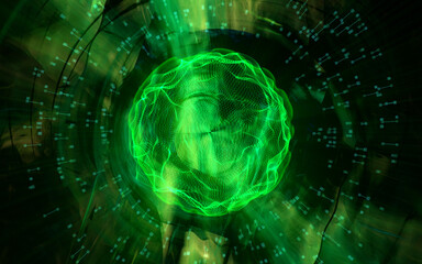 Green futuristic sci-fi abstract background. Scan of alien virus or anomaly.  Fractal art and particle effects.