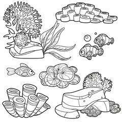 Anemones, fishes, sand stones and sponges set coloring book linear drawing isolated on white background
