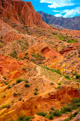 Natural unusual landscape red canyon of extraordinary beauty is similar to the Martian landscape. Multi-colored canyon fairy tale in Kyrgyzstan. Charyn Canyon. Amazing beautiful landscape.