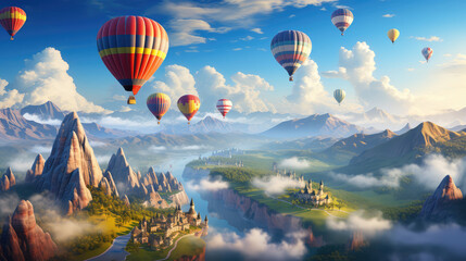 Fototapeta premium Hot air balloons flying over the beautiful landscape. created with generative AI technology.