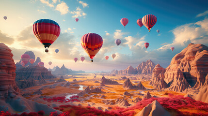 Hot air balloons flying over beautiful landscape. created with generative AI technology. - obrazy, fototapety, plakaty