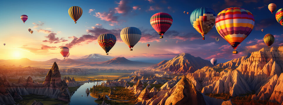Hot air balloons flying over beautiful landscape and river. created with generative AI technology.