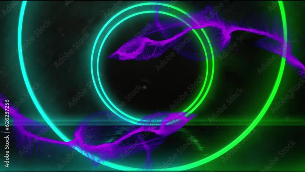 Aufkleber animation of purple light trails and neon circles moving on seamless loop on dark background